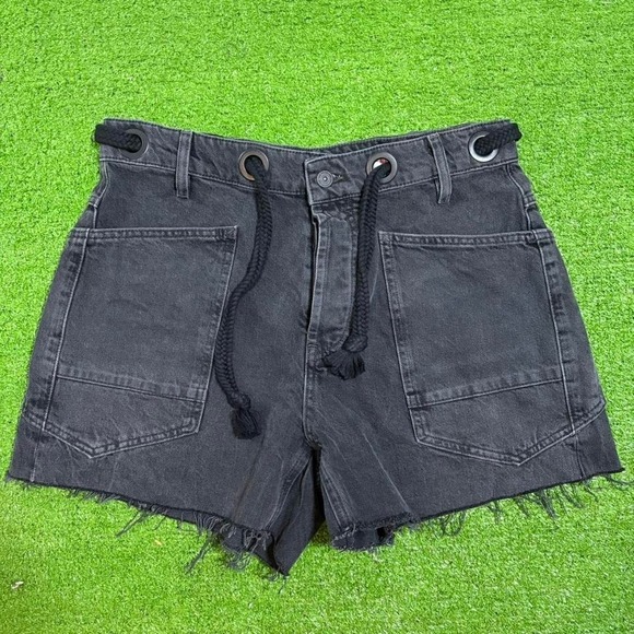 Free People Pants - Free People We The Free Black Denim Moxie Barrel Shorts Drawstring Size 28 NEW